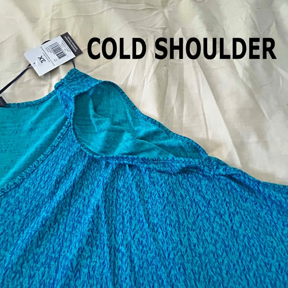 TOP, COLD SHOULDER, BLUE & TEAL, SIZE 3X, LONG LENGTH, VEE NECK, CAP SLEEVES, - Picture 6 of 9